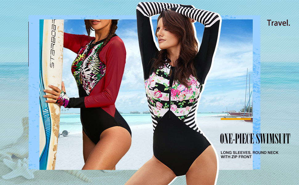 Women's Rashguard Long Sleeve Zip swimwear Floral Print Bathing suits One Piece Swimsuit  (1)